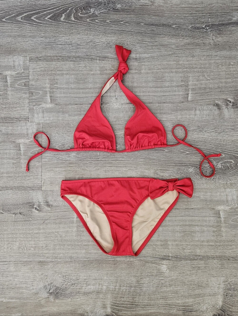 J.Crew Made In USA Bow Red Halter Triangle String Bikini Set Coquette Beach Sz S